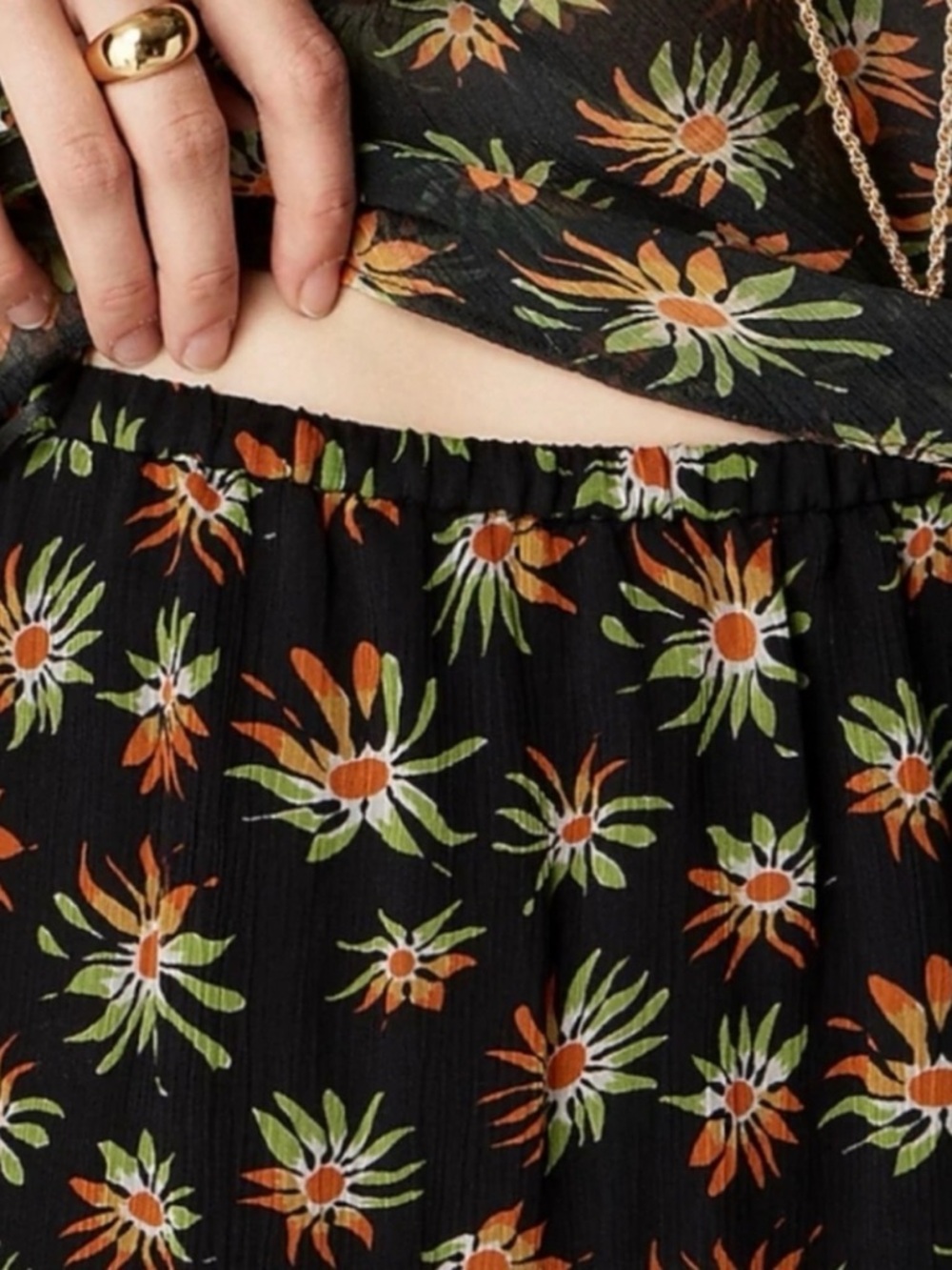 J CREW NWT Black Sunburst Floral with Orange and Green Daisy Print